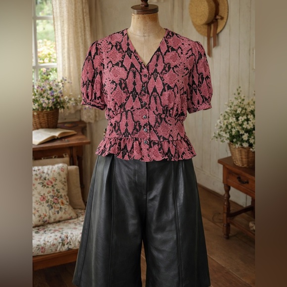ba&sh Tops - Ba&sh Cleo Pink and Black Snake Print Ruffle Blouse